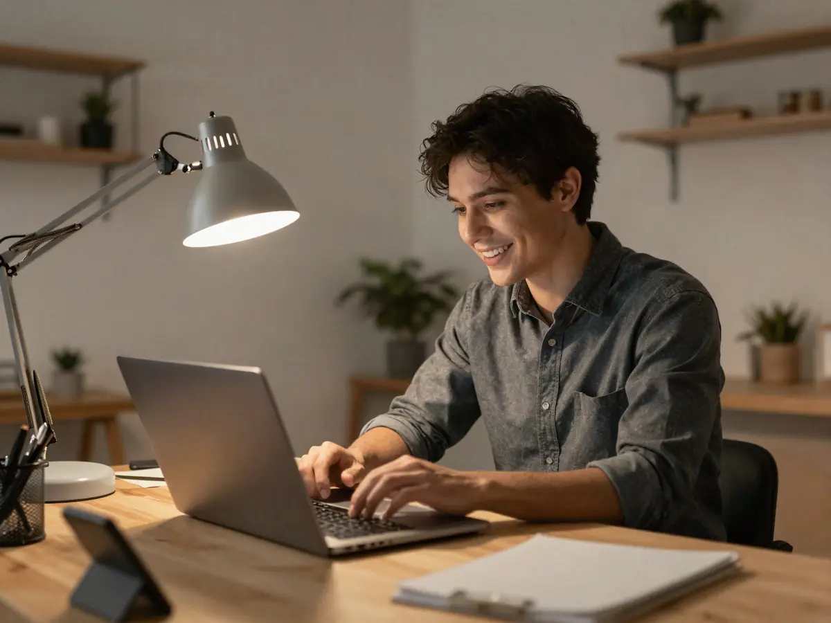 A small business owner smiling at his laptop in his workshop office