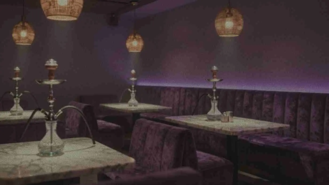 Before enhancement: the same photo of a hookah lounge with purple velvet booths and marble tables, dark and dull