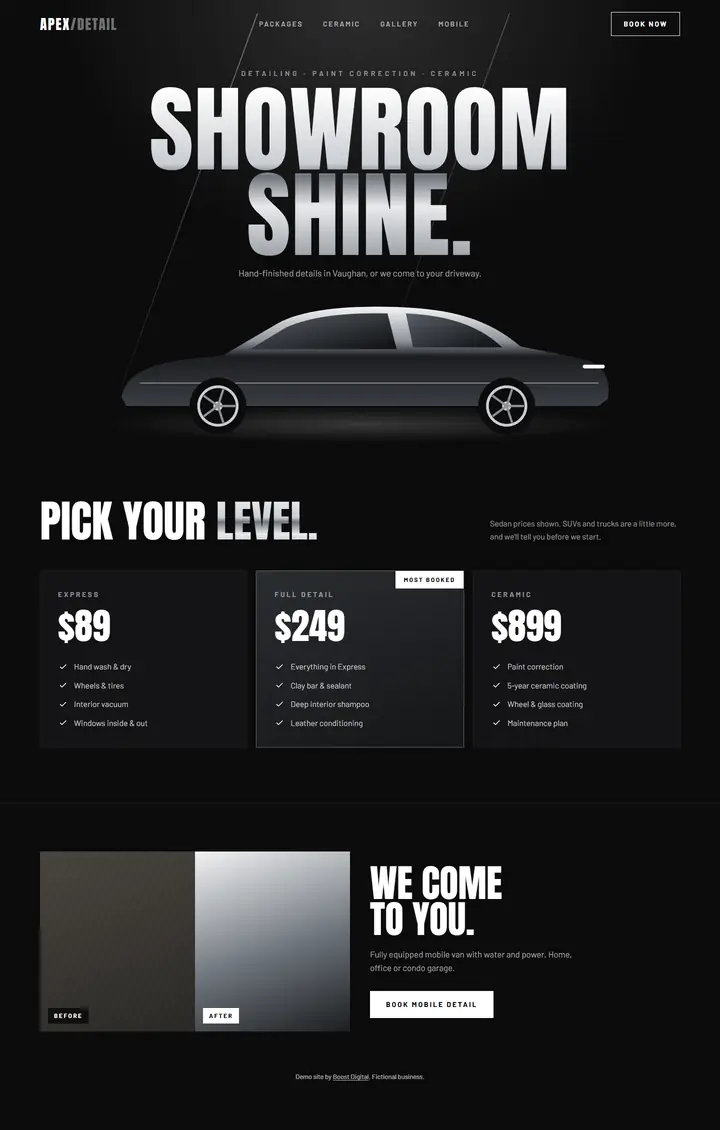 Full page of the Apex Auto Detailing demo website