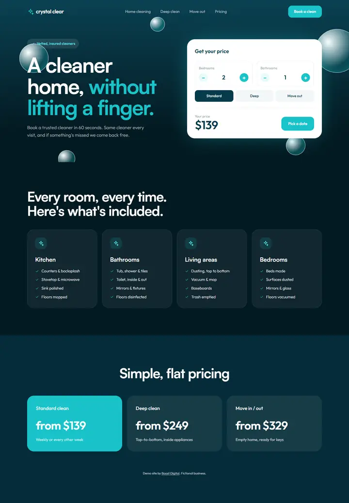 Full page of the Crystal Clear Cleaning demo website