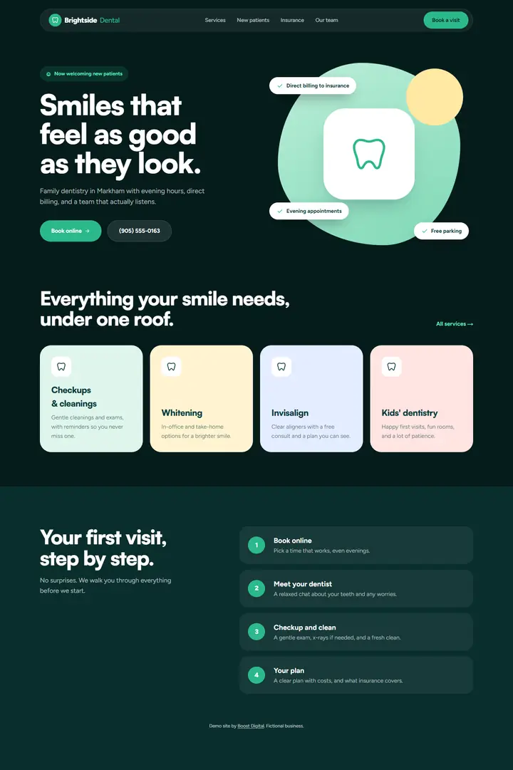 Full page of the Brightside Dental demo website