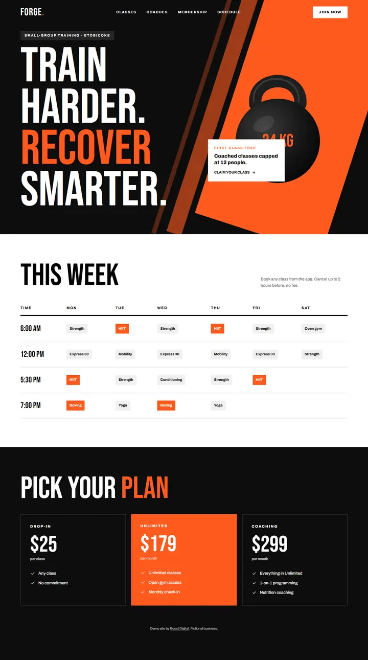 Full page of the Forge Fitness demo website