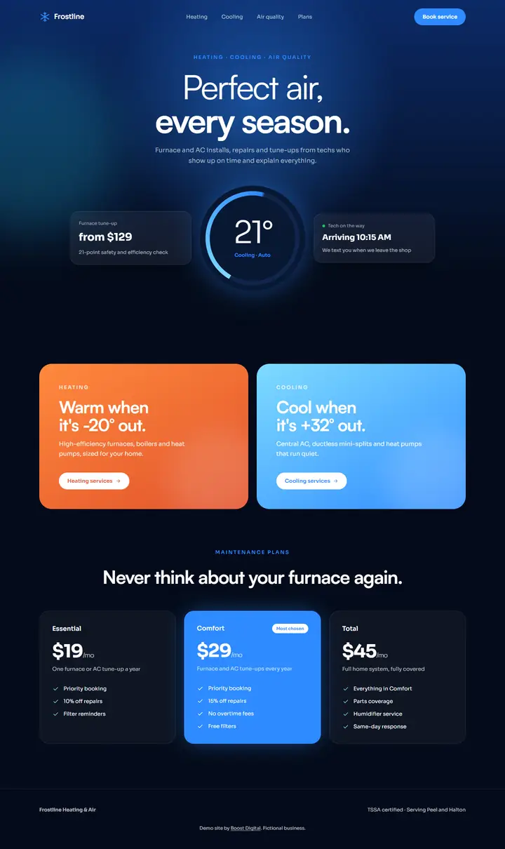 Full page of the Frostline Heating & Air demo website