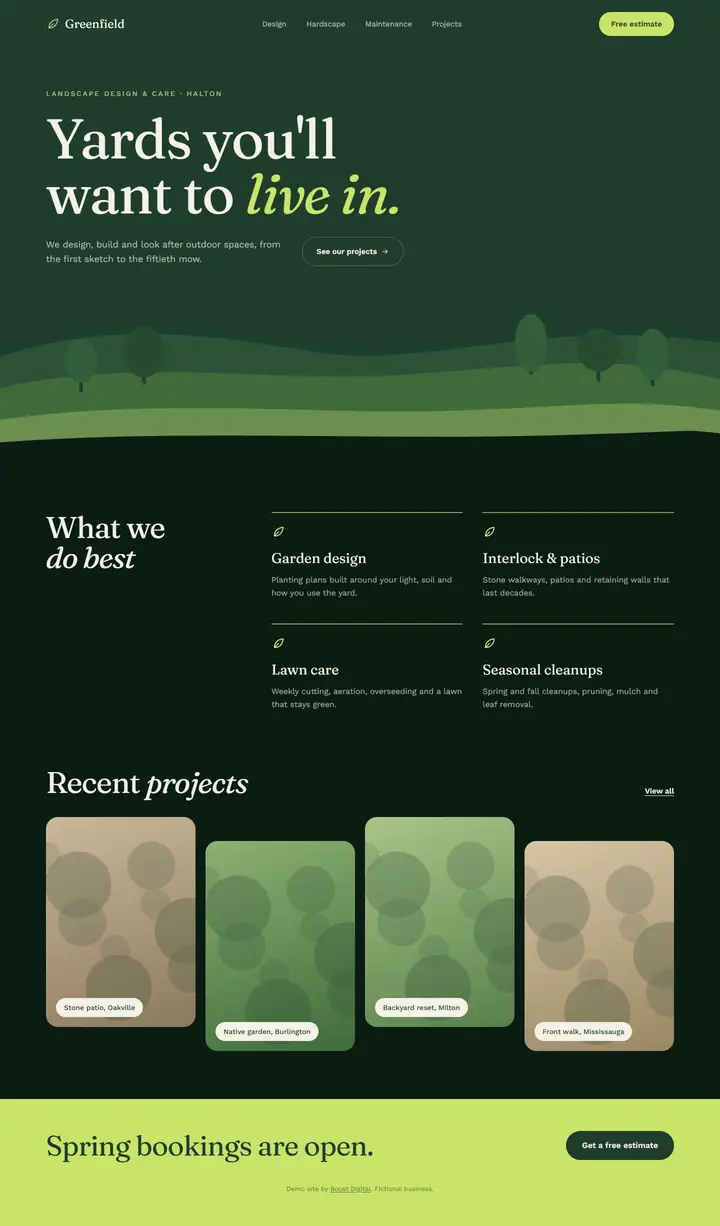 Full page of the Greenfield Landscapes demo website