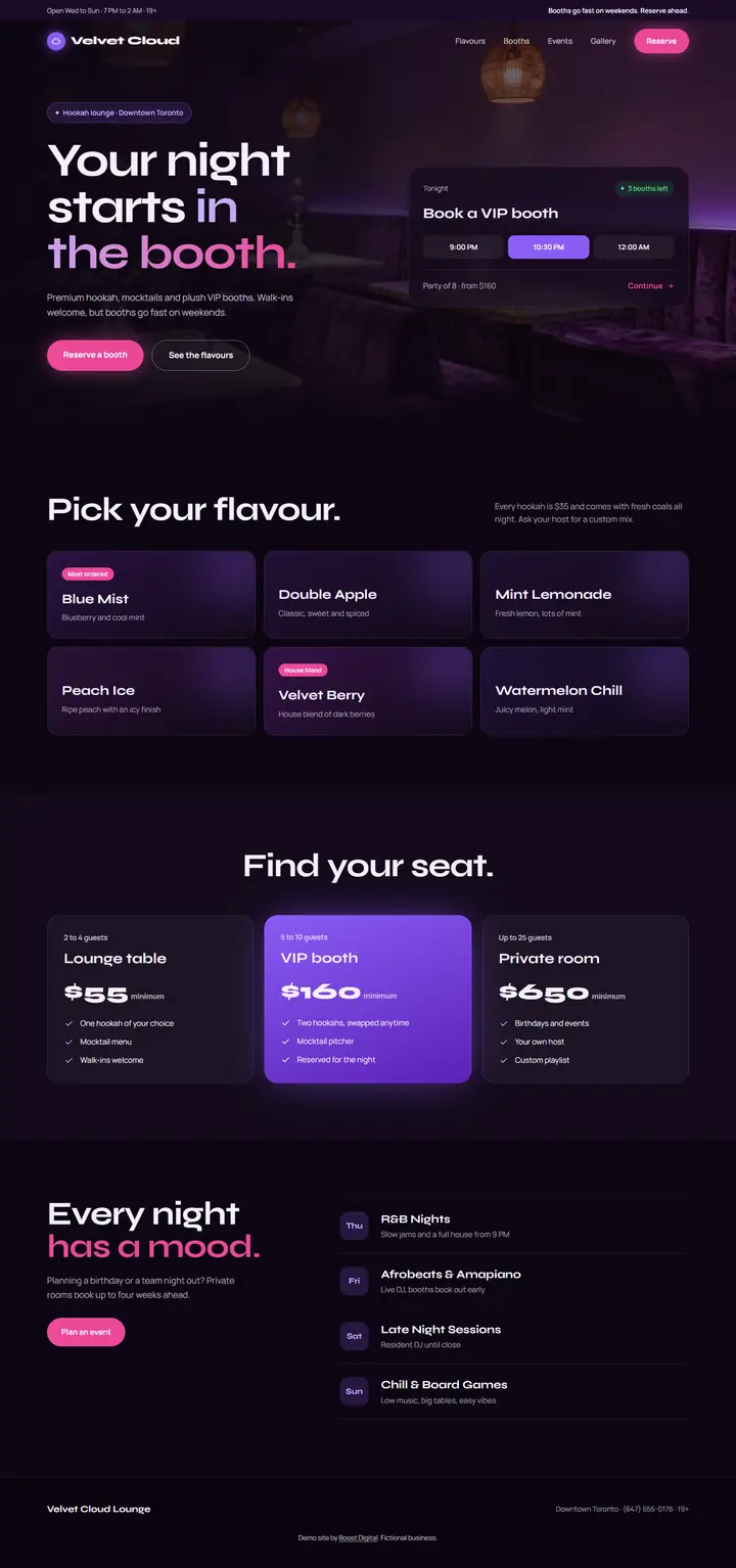 Full page of the Velvet Cloud Lounge demo website