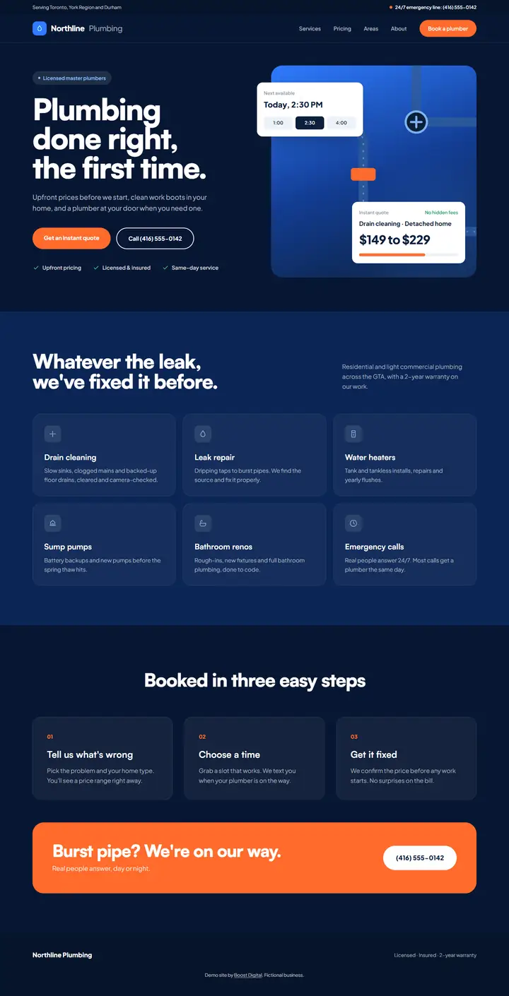 Full page of the Northline Plumbing demo website