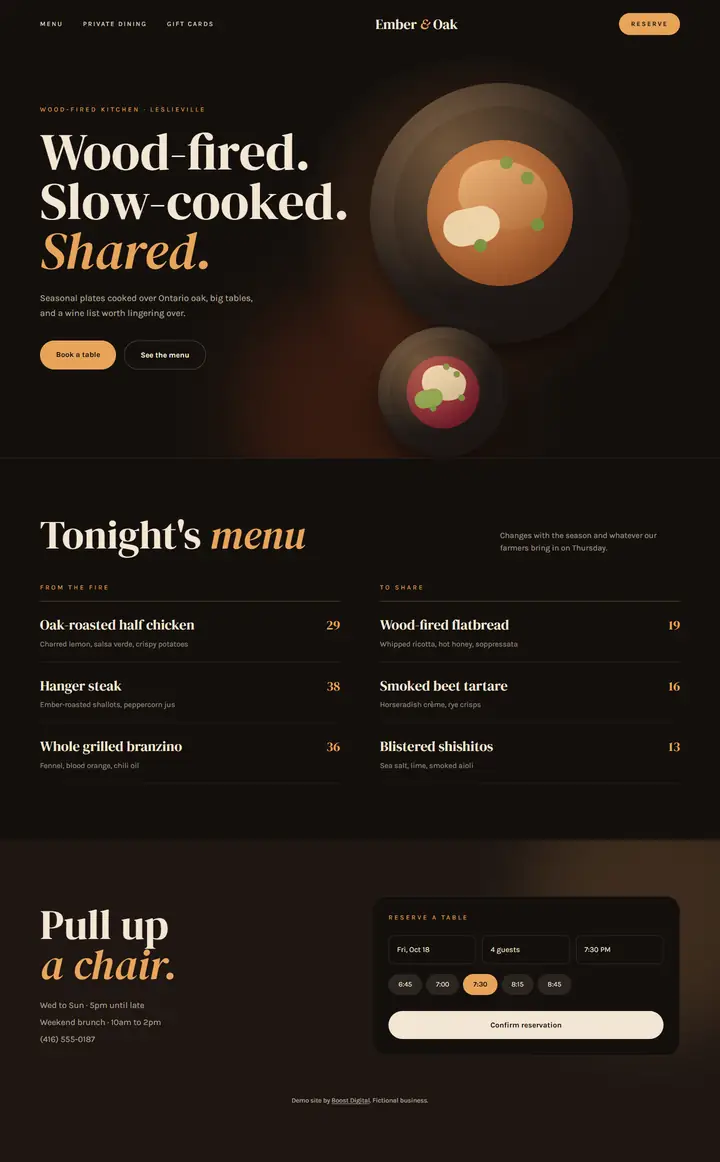 Full page of the Ember & Oak Kitchen demo website