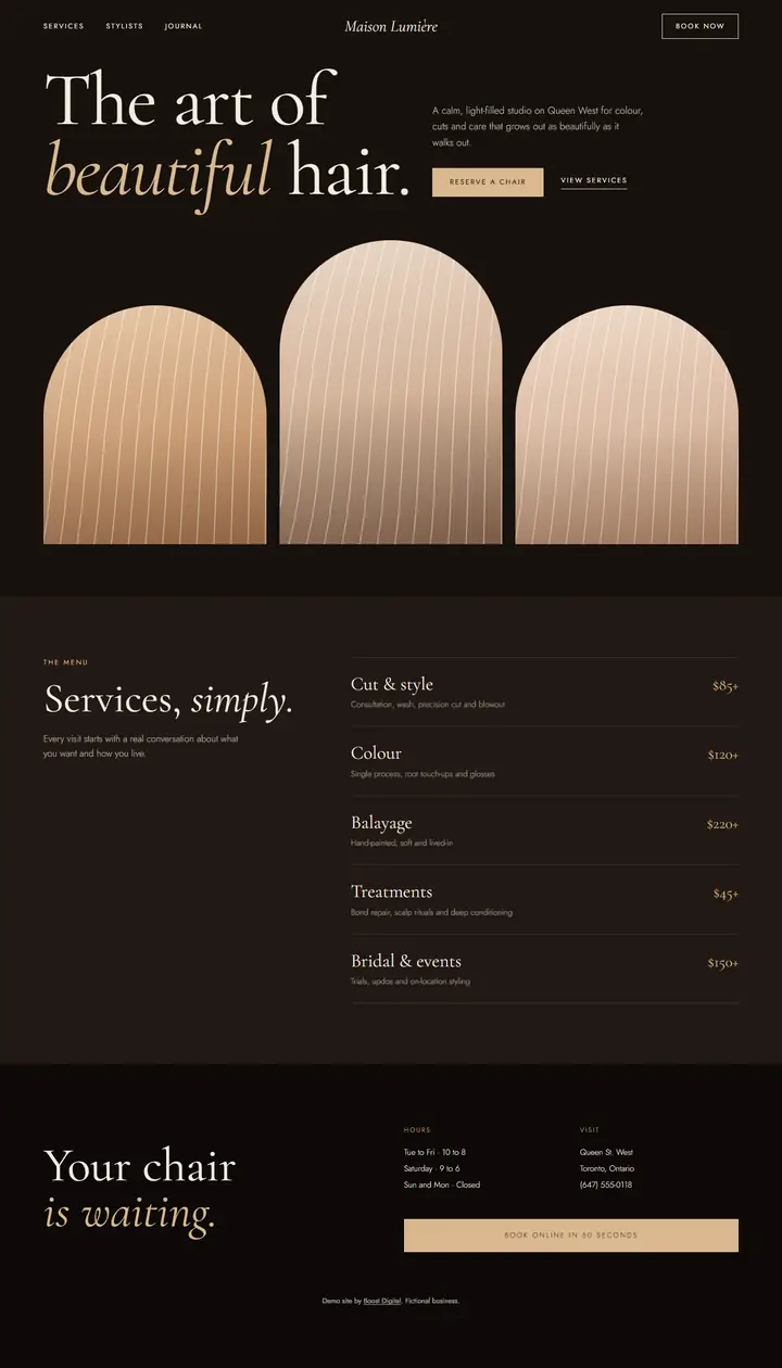 Full page of the Maison Lumière Salon demo website
